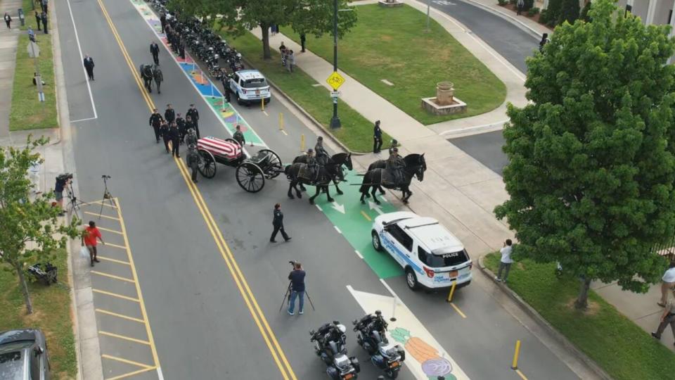 The procession and funeral for CMPD officer Joshua Eyer was held in Charlotte on Friday, May 3, 2024. Eyer was killed on Monday after a suspect opened fire on a task force that was attempting to serve an arrest warrant.
