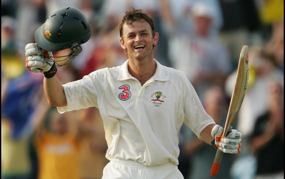 Adam Gilchrist of Australia celebrates reaching his century against England off only 57 balls at the WACA in 2006 - Philip Brown/Philip Brown