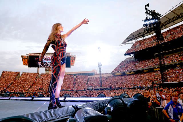 <p>aylor Hill/TAS23/Getty</p> Taylor Swift onstage in Cincinnati, Ohio during the 'Reputation' era of her Eras Tour in June 2023