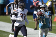 Carolina Panthers wide receiver Robby Anderson (11) catches a pass while Chicago Bears cornerback Jaylon Johnson (33) chases during the second half of an NFL football game in Charlotte, N.C., Sunday, Oct. 18, 2020. (AP Photo/Mike McCarn)