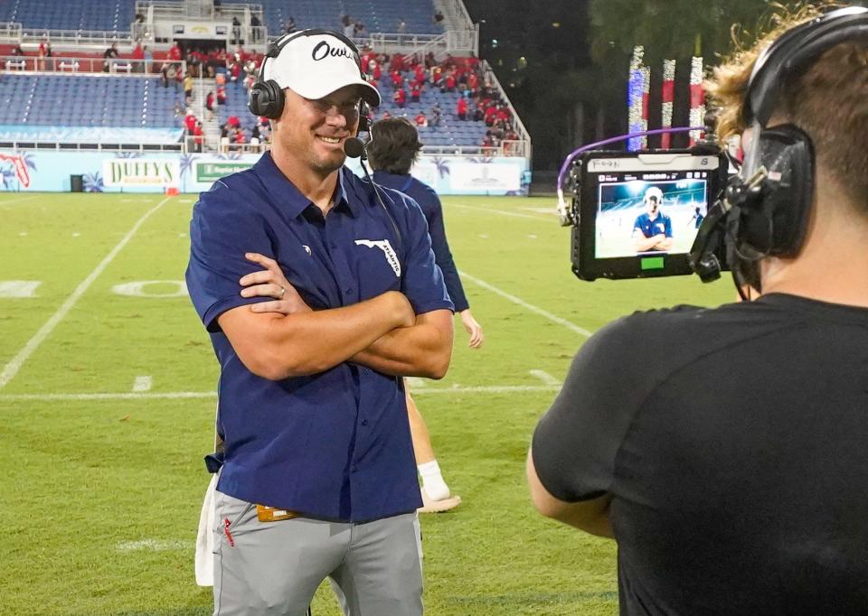 Florida Atlantic head coach Tom Herman is interviewed after a 42-20 victory over Monmouth at FAU Stadium on Saturday, September 2, 2023, in Boca Raton, FL.