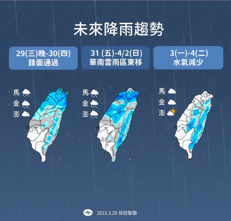 ▲未來幾天都是「中北部有雨、南部多雲」的天氣型態，天氣最穩定的時間點在下週一和下週二。（圖／中央氣象局提供）