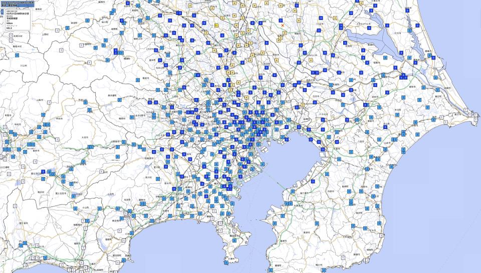 茨城縣南部 5.3 級地震，最大震度 5 弱。東京市中心有震感，普遍震度為 2、3。（點擊圖片可放大）