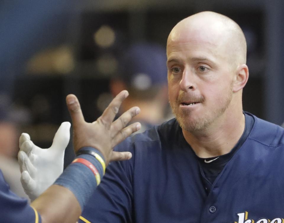 Milwaukee Brewers catcher Erik Kratz is playing for his sixth team in four seasons. He told the Yahoo Sports MLB podcast what it's like to be a big-league journeyman. (AP Photo/Morry Gash)