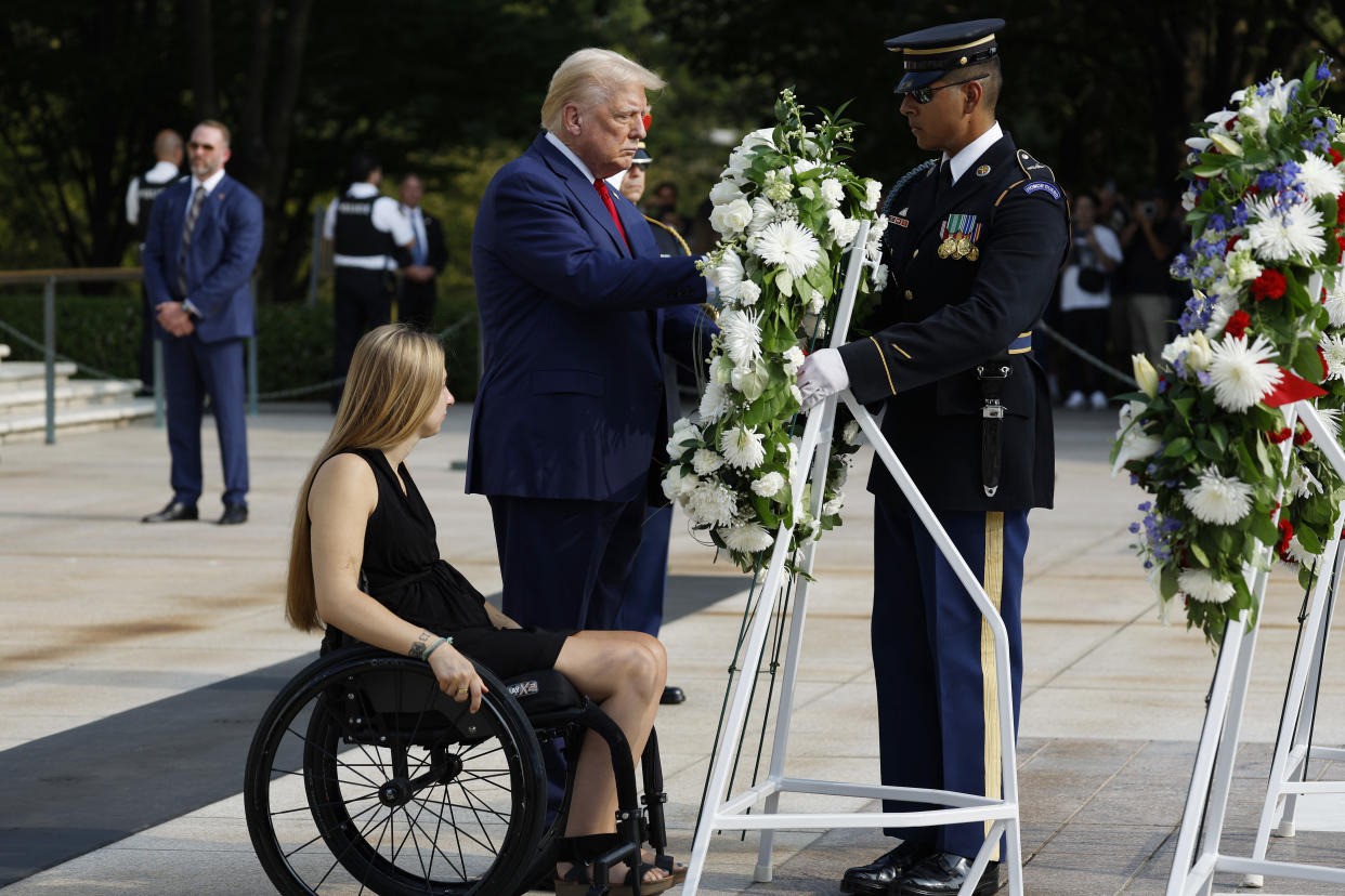 Former President Donald Trump attends a wreath-laying ceremony at Arlington National Cemetery on Monday.