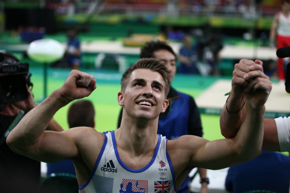 RIO DE JANEIRO, BRAZIL - AUGUST 14, 2016: Artistic gymnast Max Whitlock of the United Kingdom reacts after winning the men's pommel horse final at the Rio 2016 Summer Olympic Games, at the Rio Olympic Arena. Stanislav Krasilnikov/TASS (Photo by Stanislav Krasilnikov\TASS via Getty Images)