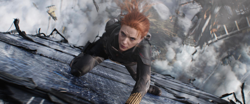 This image released by Marvel Studios shows Scarlett Johansson in a scene from "Black Widow." (Marvel Studios-Disney via AP)