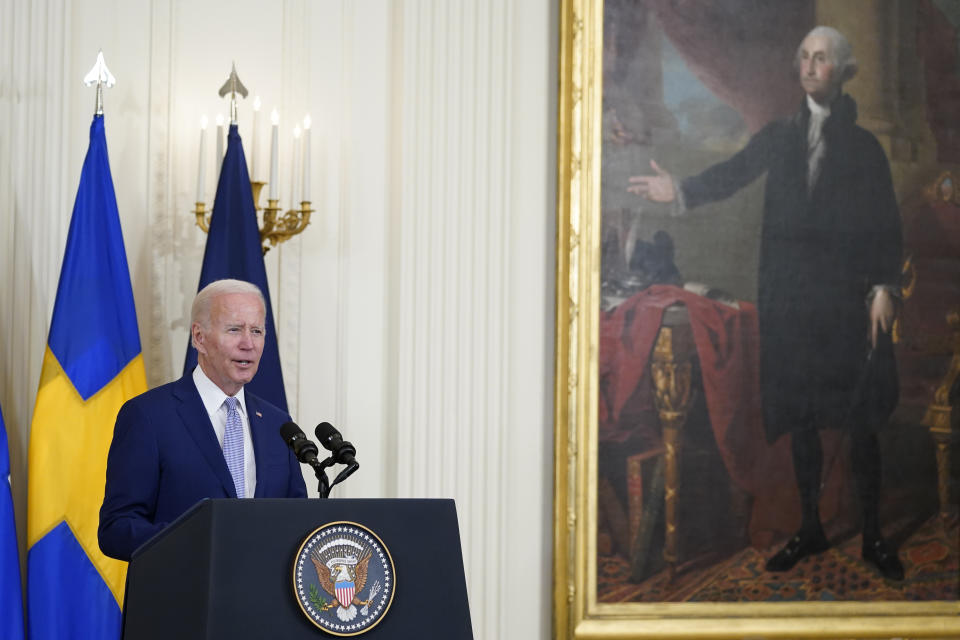 President Joe Biden speaks before signing the Instruments of Ratification for the Accession Protocols to the North Atlantic Treaty for the Republic of Finland and Kingdom of Sweden in the East Room of the White House in Washington, Tuesday, Aug. 9, 2022. The document is a treaty in support of Sweden and Finland joining NATO. (AP Photo/Susan Walsh)