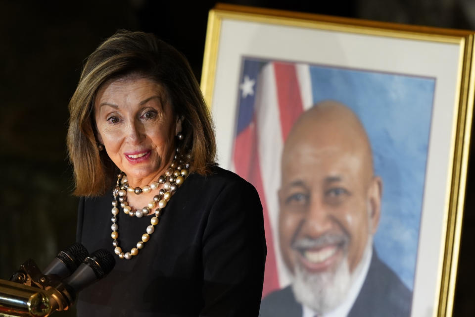 House Speaker Nancy Pelosi of Calif., speaks during a Celebration of Life for Rep. Alcee Hastings, D-Fla., in Statuary Hall on Capitol Hill in Washington, Wednesday, April 21, 2021. Hastings died earlier this month, aged 84, following a battle with pancreatic cancer. (AP Photo, Susan Walsh, Pool)