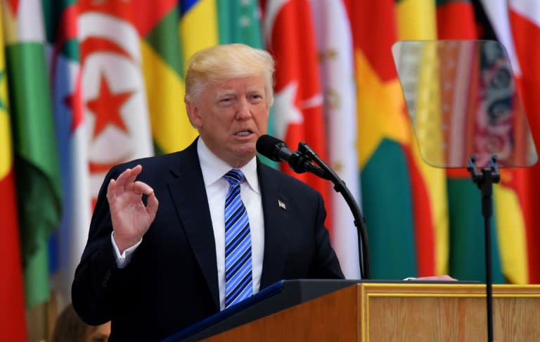 US President Donald Trump speaks at Arab Islamic American Summit in Riyadh on May 21, 2017, calling on all countries to work together to isolate Iran "until the Iranian regime is willing to be a partner for peace"