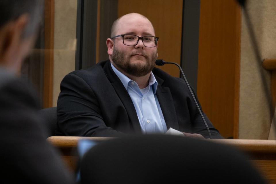Brian Wells testifies in the murder trial against Stephen Deflaun at San Luis Obispo Superior Court on March 27, 2023. Deflaun is accused of killing Wells’ uncle and cousin.