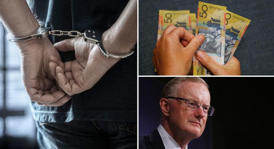 Compilation image of person with hands handcuffed behind their back, counting out $50 notes and headshot of RBA governor Philip Lowe