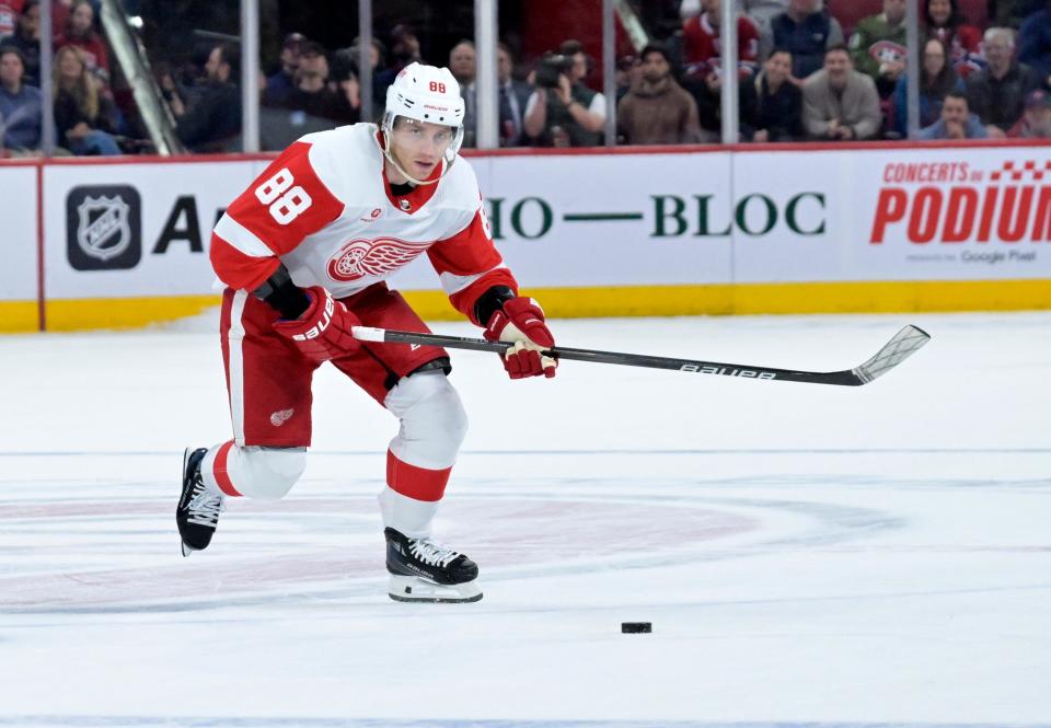 Red Wings forward Patrick Kane on his way to score the winning goal during the shootout period of the Red Wings' 5-4 shootout win on Tuesday, April 16, 2024, in Montreal.