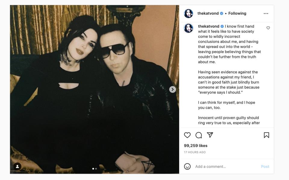 Kat Von D defends Marilyn Manson via an Instagram comment on Wednesday.