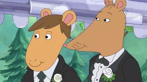 The decision to add Mr Ratburn's gay wedding, pictured, into an Arthur episode has prompted Alabama Public Television to replace it with a re-run.