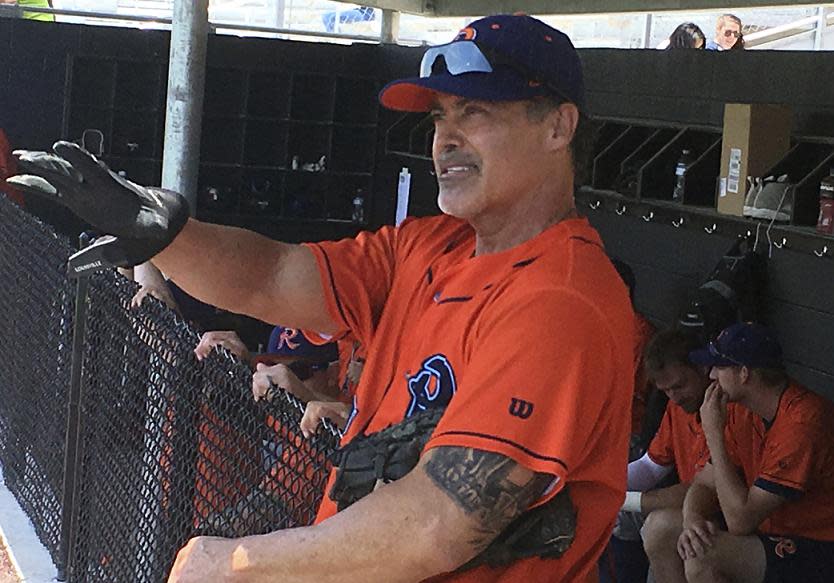 Rafael Palmeiro officially returned to professional baseball with the Cleburne Railroaders, an unaffiliated team in the independent American Association. (AP)