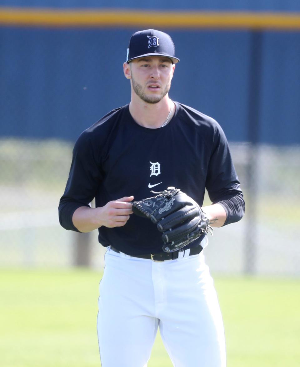 Detroit Tigers pitcher Brendan White warms up during spring training Sunday, Feb. 19, 2023 in Lakeland, Fla.
