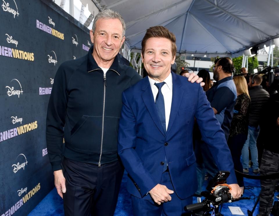 Bob Iger and Jeremy Renner at the premiere of "Rennervations" held at Westwood Regency Village Theatre on April 11, 2023 in Los Angeles, California. (Photo by Gilbert Flores/Variety via Getty Images)