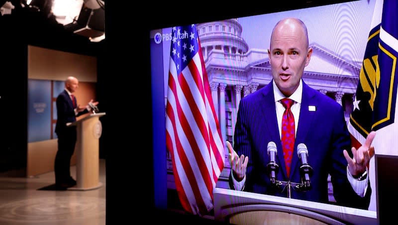 Gov. Spencer Cox speaks to reporters at the PBS monthly news conference at the Eccles Broadcast Center in Salt Lake City on Thursday, Feb. 15, 2024.