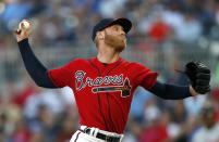 FILE - In this May 31, 2019, file photo, Atlanta Braves starting pitcher Mike Foltynewicz works against the Detroit Tigers in the first inning of a baseball game, in Atlanta. The Atlanta Braves have recalled right-hander Mike Foltynewicz from Triple-A Gwinnett to take a spot in the starting rotation after Kevin Gausman was claimed off waivers by the Cincinnati Reds. (AP Photo/John Bazemore, File)