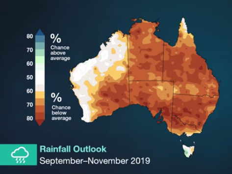 Map from BoM showing small percentage chance of rainfall in Australia's east from September to November.