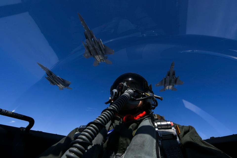 Two B-1B Lancers (not pictured) joined up with Republic of Korea air force F-15s during a 10-hour mission from Andersen Air Force Base, Guam, into Japanese airspace and over the Korean Peninsula, July 30, 2017.