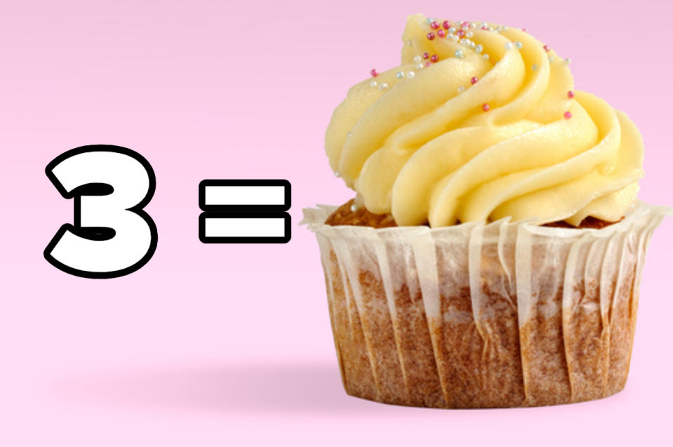 The image shows the number '3' followed by an equal sign and a vanilla cupcake with frosting and sprinkles