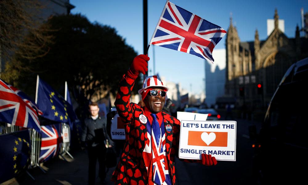 A pro-Brexit protester outside the Houses of Parliament, 14 February