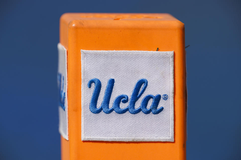 PASADENA, CA - OCTOBER 8: Detail view of a UCLA logo on the field during the college football game between the Utah Utes and the UCLA Bruins on Saturday, October 8, 2022 at the Rose Bowl in Pasadena, CA. (Photo by Ric Tapia/Icon Sportswire via Getty Images)