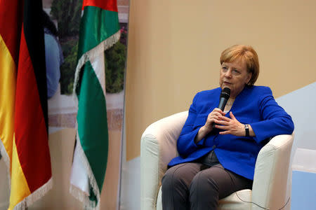 German Chancellor Angela Merkel speaks during her visit to the German Jordanian University near Madaba, Jordan June 21, 2018. REUTERS/Muhammad Hamed