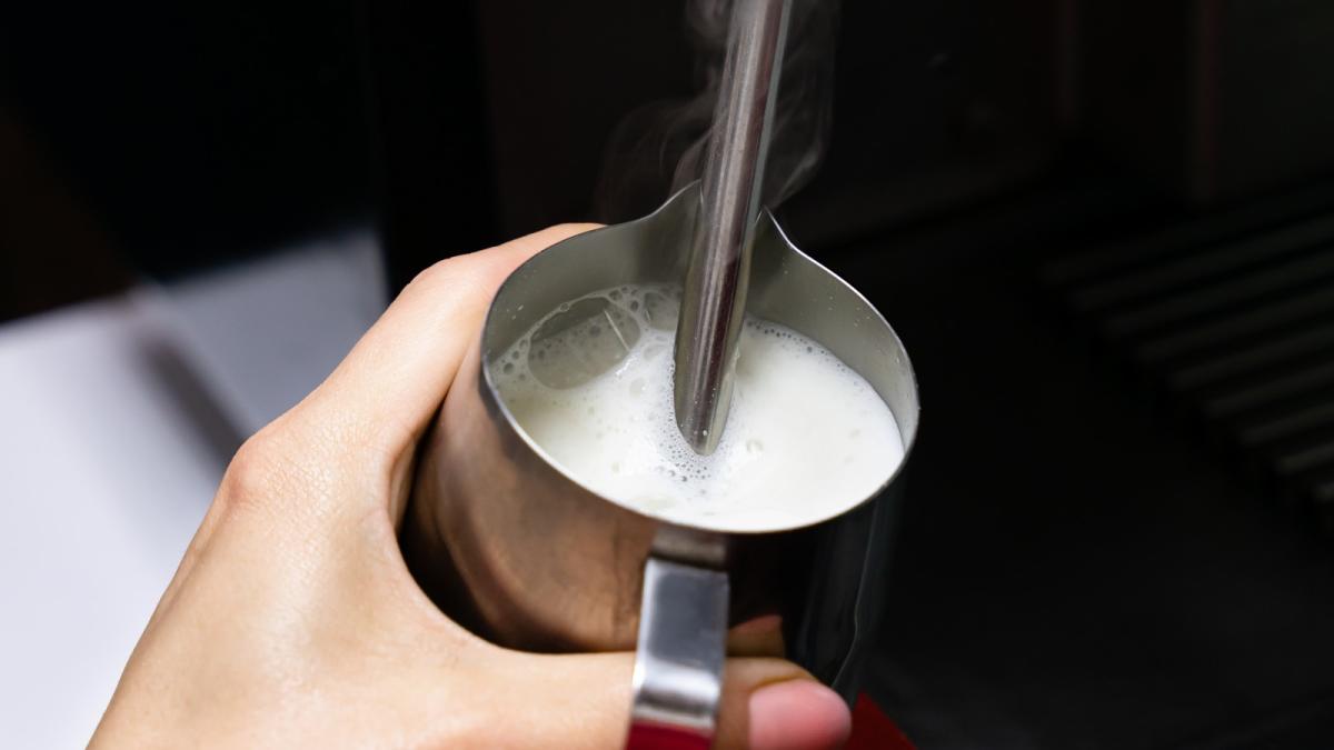 Barista Whisk Milk in Coffee Machine with Hot Steam, People Stock