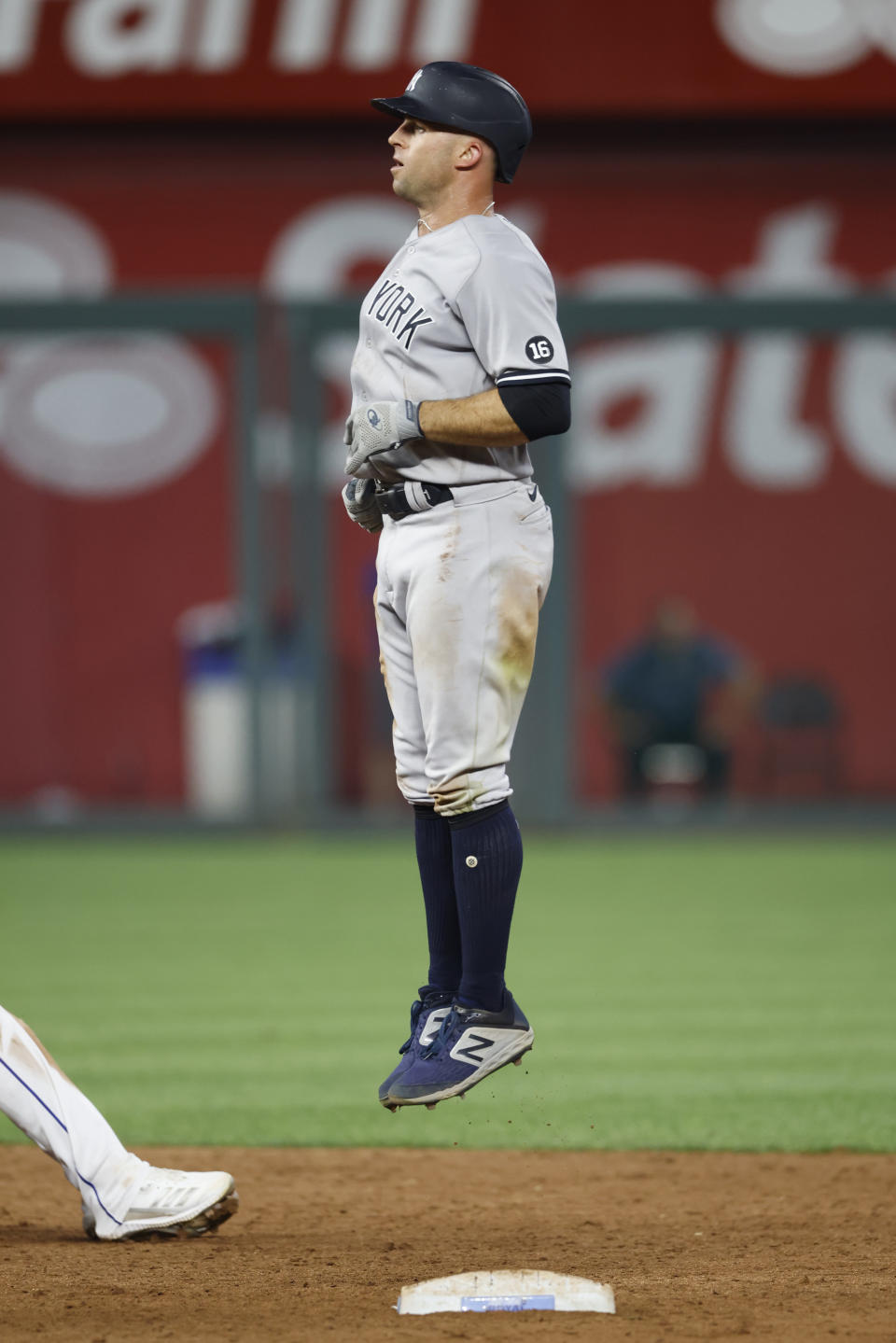 New York Yankees' Brett Gardner reacts after hitting a two-run double in the 11th inning of a baseball game against the Kansas City Royals at Kauffman Stadium in Kansas City, Mo., Monday, Aug. 9, 2021. (AP Photo/Colin E. Braley)