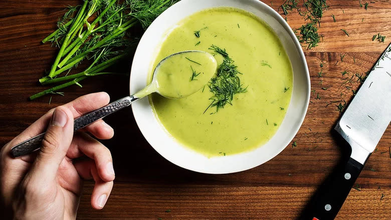 Creamy broccoli soup in bowl