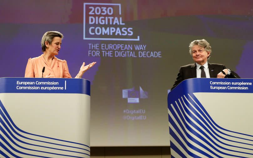 European Executive Vice-President Margrethe Vestager and European Commissioner for Internal Market Thierry Breton address the media in Brussels, March 2021