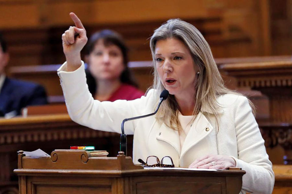 FILE - In this April 2, 2019, file photo, Democratic state Sen. Jen Jordan speaks against a bill in Atlanta, that would outlaw most abortions in Georgia during a speech that won her national notice. Boosted by significant electoral victories in the 2020 election, a near-win of the governor’s office in 2018 and rapidly changing state demographics, seven sitting Democratic lawmakers have declared candidacies for one of Georgia’s eight statewide offices — a full nine months away from the 2022 qualifying deadline. Jordan is running for attorney general. (Bob Andres/Atlanta Journal-Constitution via AP, File)