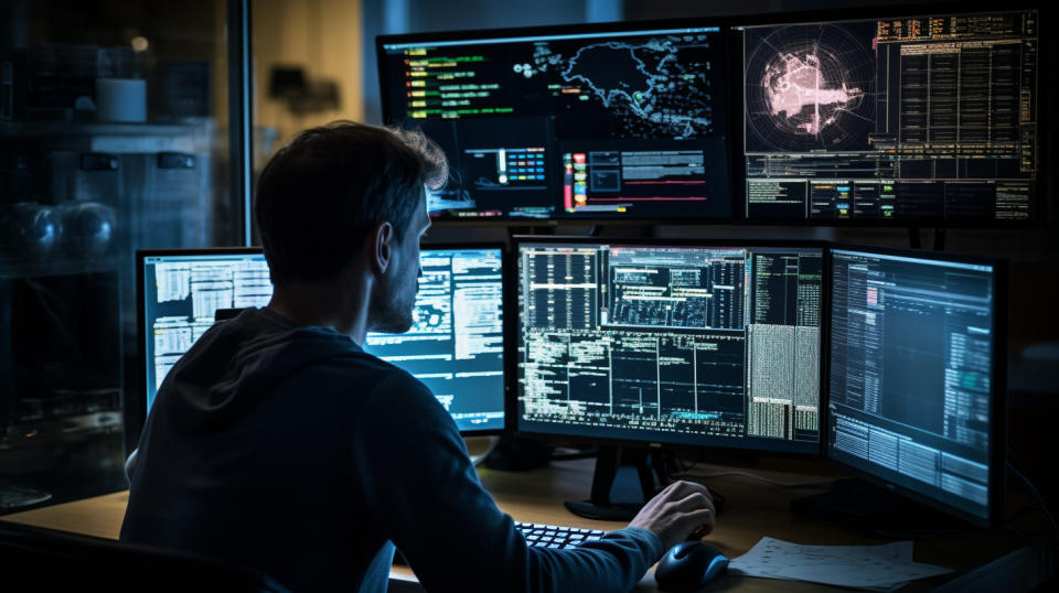 A technician editing complex data acquisition systems in an analytical workspace.