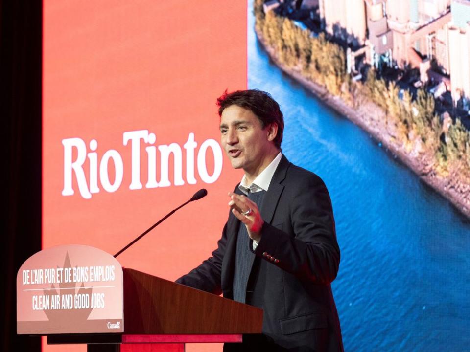 Canada's Prime Minister Trudeau makes announcement following visit to Rio Tinto pilot project of blue smelting plant in Sorel