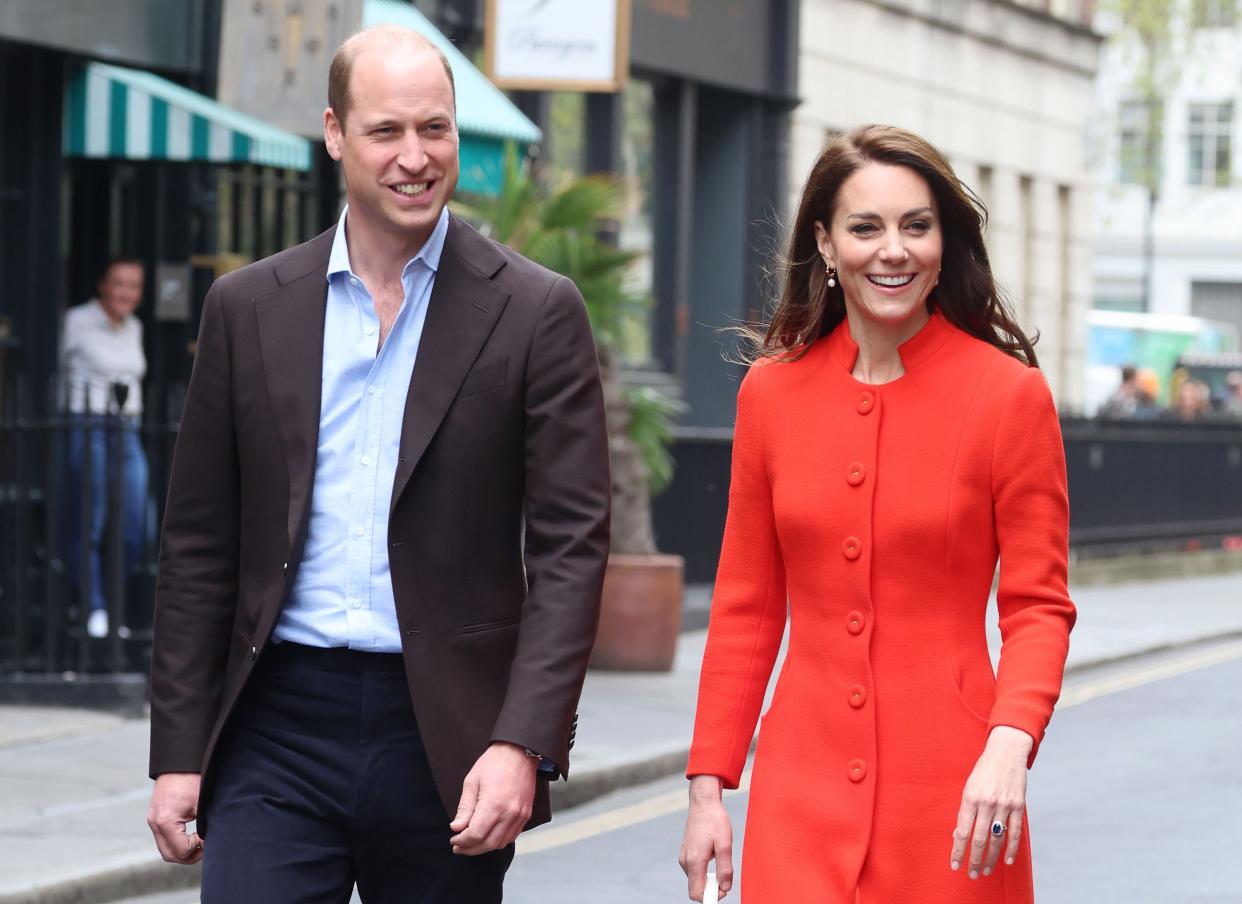Prince William, Prince of Wales and Catherine, Princess of Wales arrive at the Dog & Duck Pub to speak to members of staff to hear how it's preparing for the Coronation Weekend (Getty Images)
