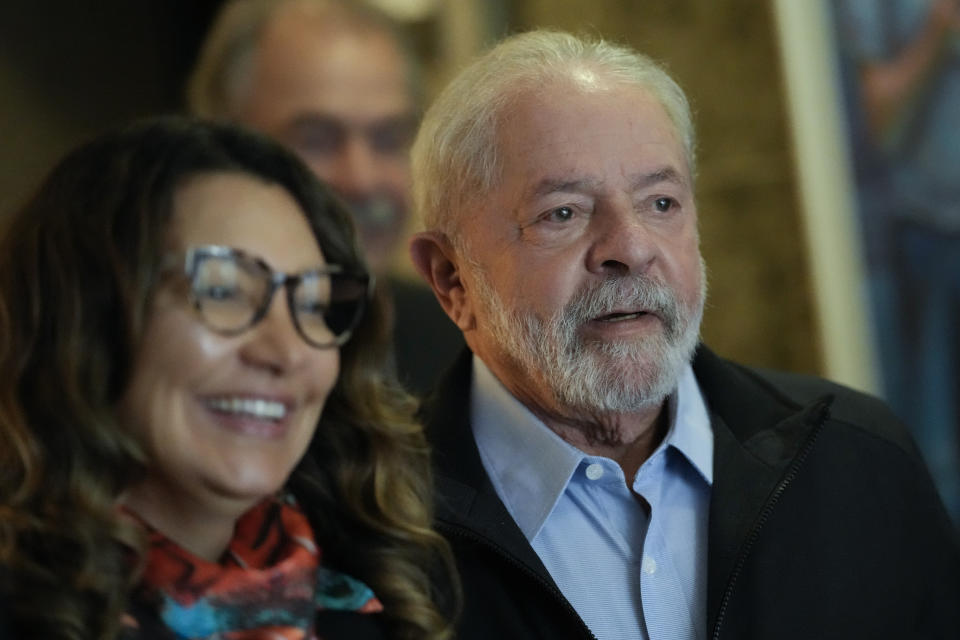 Brazil’s former president who is running for reelection, Luiz Inacio Lula da Silva, and his wife Rosangela Silva arrive for an event to launch his government plan in Sao Paulo, Brazil, Tuesday, June 21, 2022. General elections are set for Oct. 2. (AP Photo/Andre Penner)