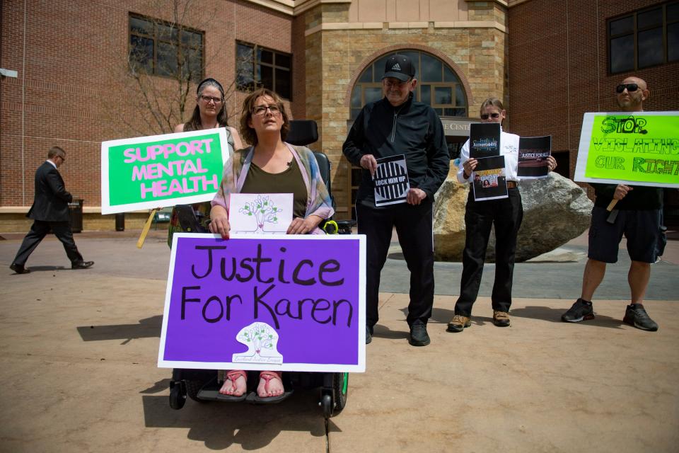 Jen Castaneda with Loveland Justice League answers questions during a news conference prior to former Loveland police officer Austin Hopp's sentencing at the Larimer County Justice Center in Fort Collins on Thursday.