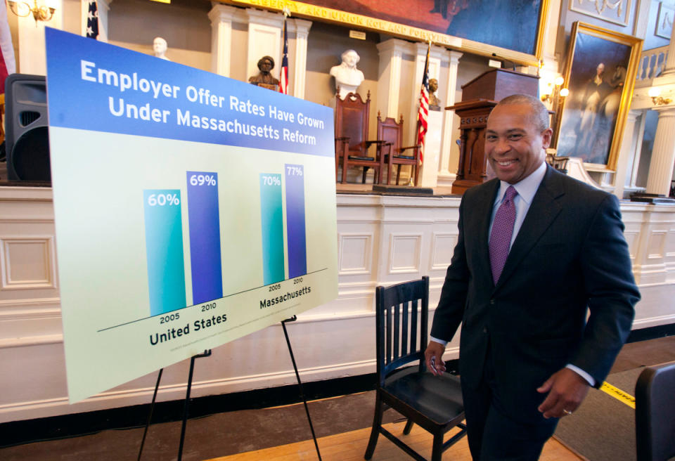 Massachusetts Gov. Deval Patrick walks past a chart before an event at Faneuil Hall in Boston, April 11, 2012, celebrating the sixth anniversary of the state's landmark health care law that was signed by former Gov. Mitt Romney in 2006.