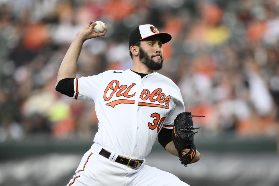 Baltimore Orioles starting pitcher Grayson Rodriguez throws during the fourth inning of a baseball game against the Los Angeles Angels, Monday, May 15, 2023, in Baltimore. (AP Photo/Nick Wass)