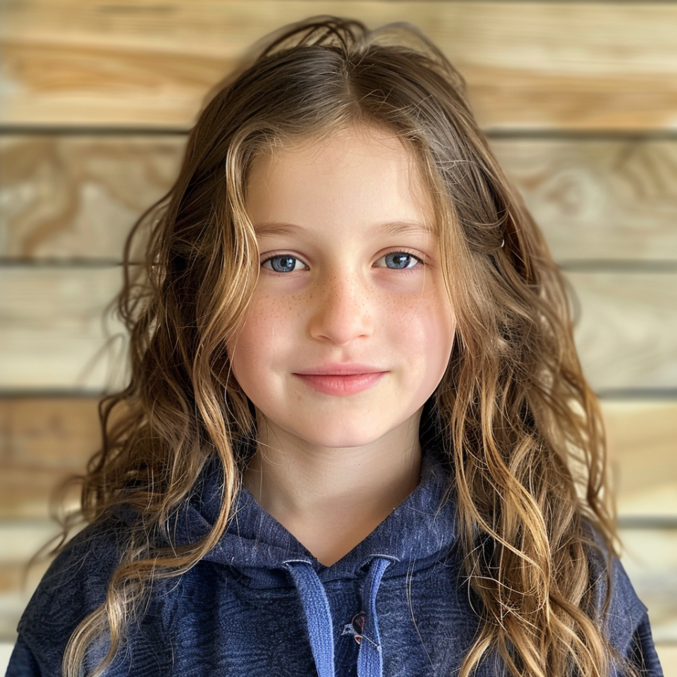 Portrait of a child with wavy hair smiling at the camera