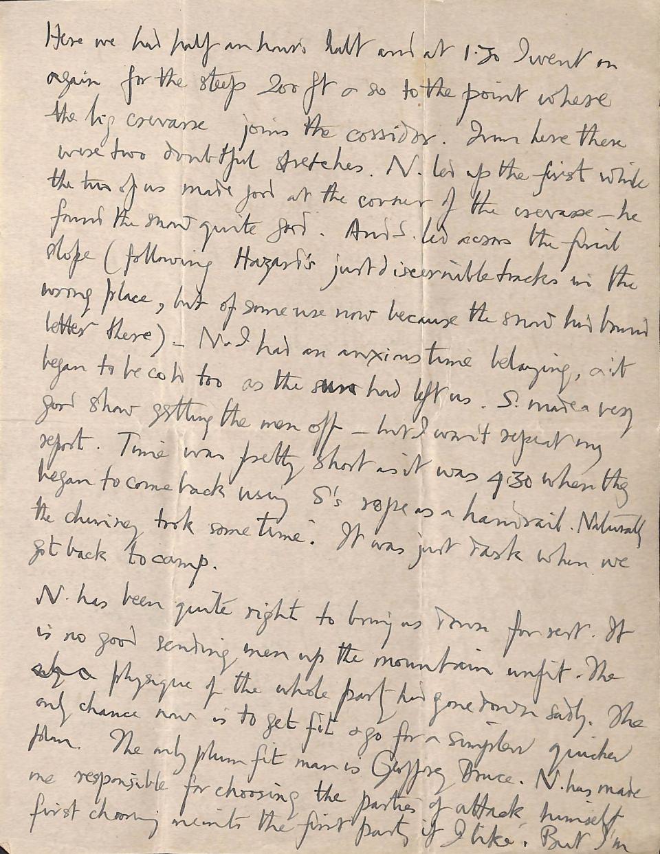 This is an undated photo provided by Magdalene College Cambridge on Monday, April 22, 2024 of part of the final letter that mountaineer George Mallory wrote to his wife before he vanished on Mount Everest a century ago. The letter has been digitalized. The letter was published on Monday by Mallory's Cambridge University college. In it, he tried to ease her worries though he said his chances of reaching the world’s highest peak were “50 to 1 against us.” (Reproduced with Permission of the Master and Fellows of Magdalene College, Cambridge via AP)