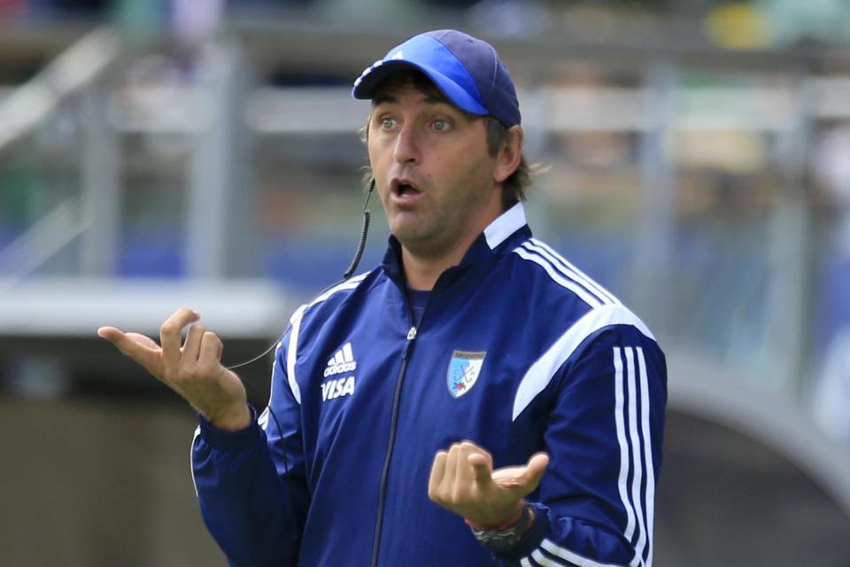 Argentina&#39;s coach Carlos Retegui gestures when talking to his players during the Field Hockey World Cup match women for third and fourth place between the U.S. and Argentina, in The Hague, Netherlands, Saturday, June 14, 2014. (AP Photo/Peter Dejong)