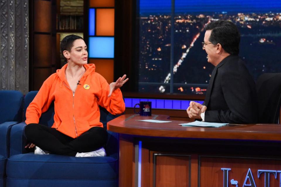 Rose McGowan with Stephen Colbert