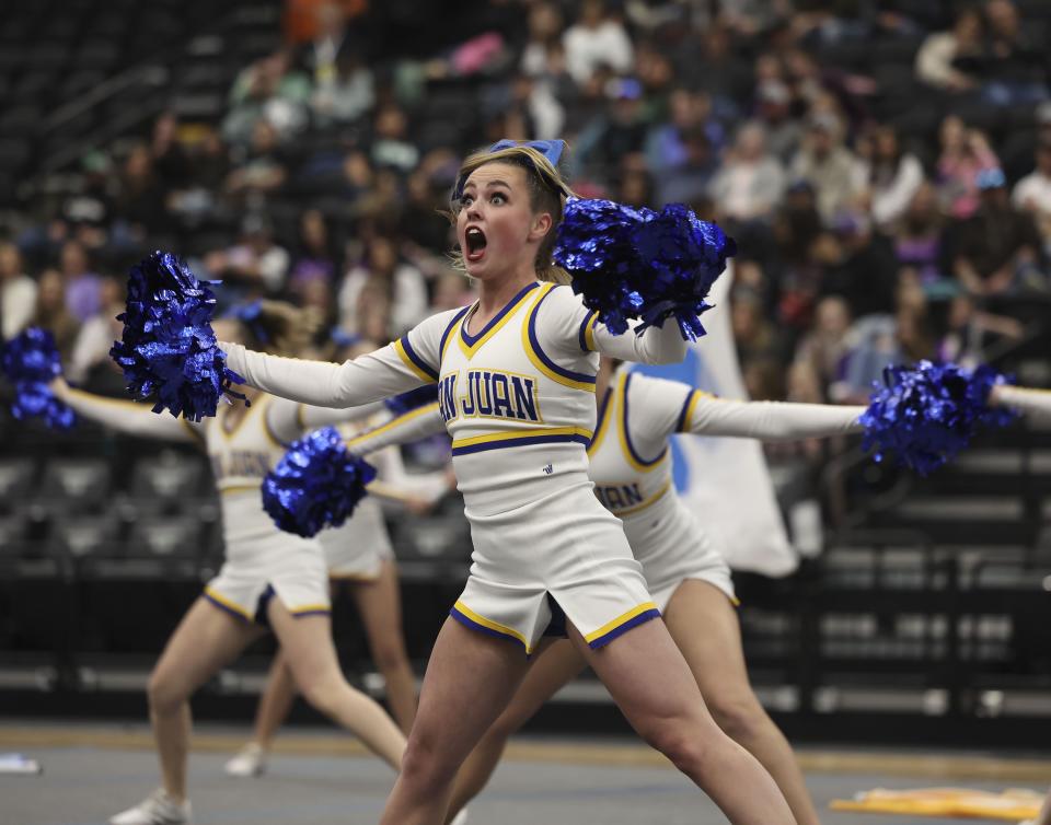 San Juan High School competes in the Competitive Cheer Tournament at the UCCU Center at Utah Valley University in Orem on Thursday, Jan. 25, 2023. | Laura Seitz, Deseret News