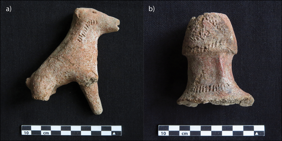 Ceramics found at the cemetery including (left) an animal and (right) a fragment of a phallus-shaped bottle.