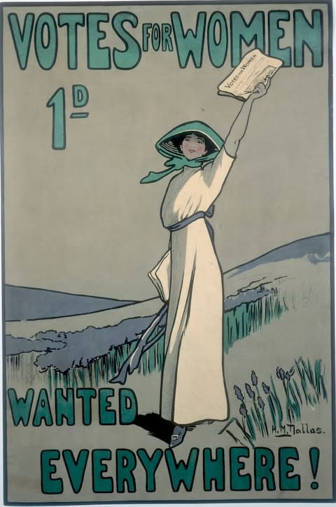 Poster advertising the Votes for Women newspaper, using the suffragette colours of green, purple and white, 1909 - Credit: Museum of London/Heritage Images/Getty Images