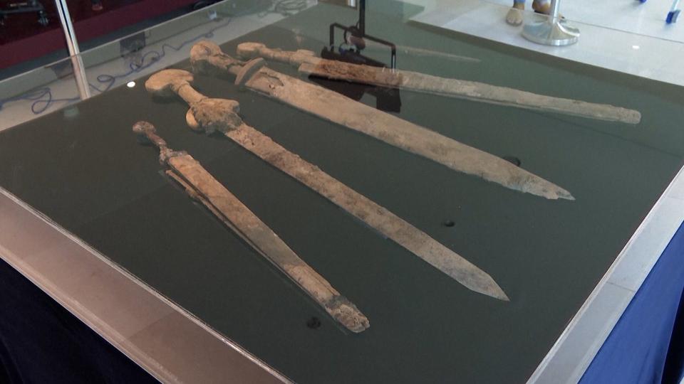 Preserved Roman swords that were discovered in a cave near the Dead Sea in Israel.